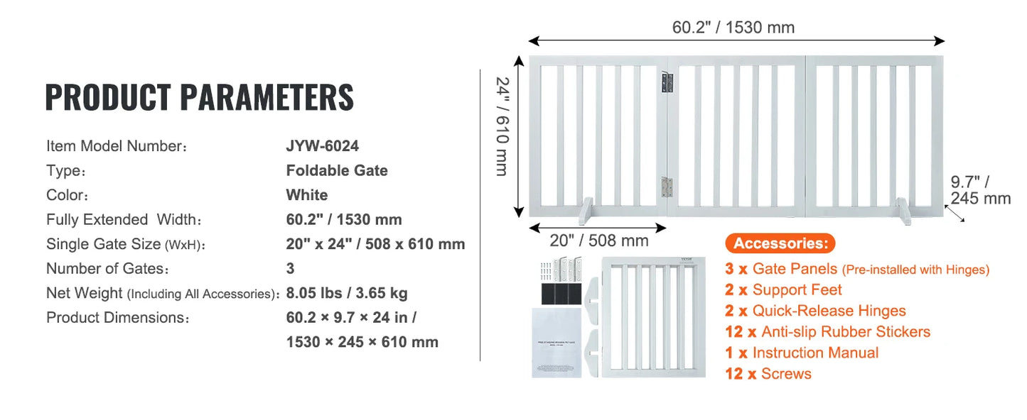 SucceBuy Free Standing 3 Panel Dog Gate for Narrow Passages Foldable Barrier