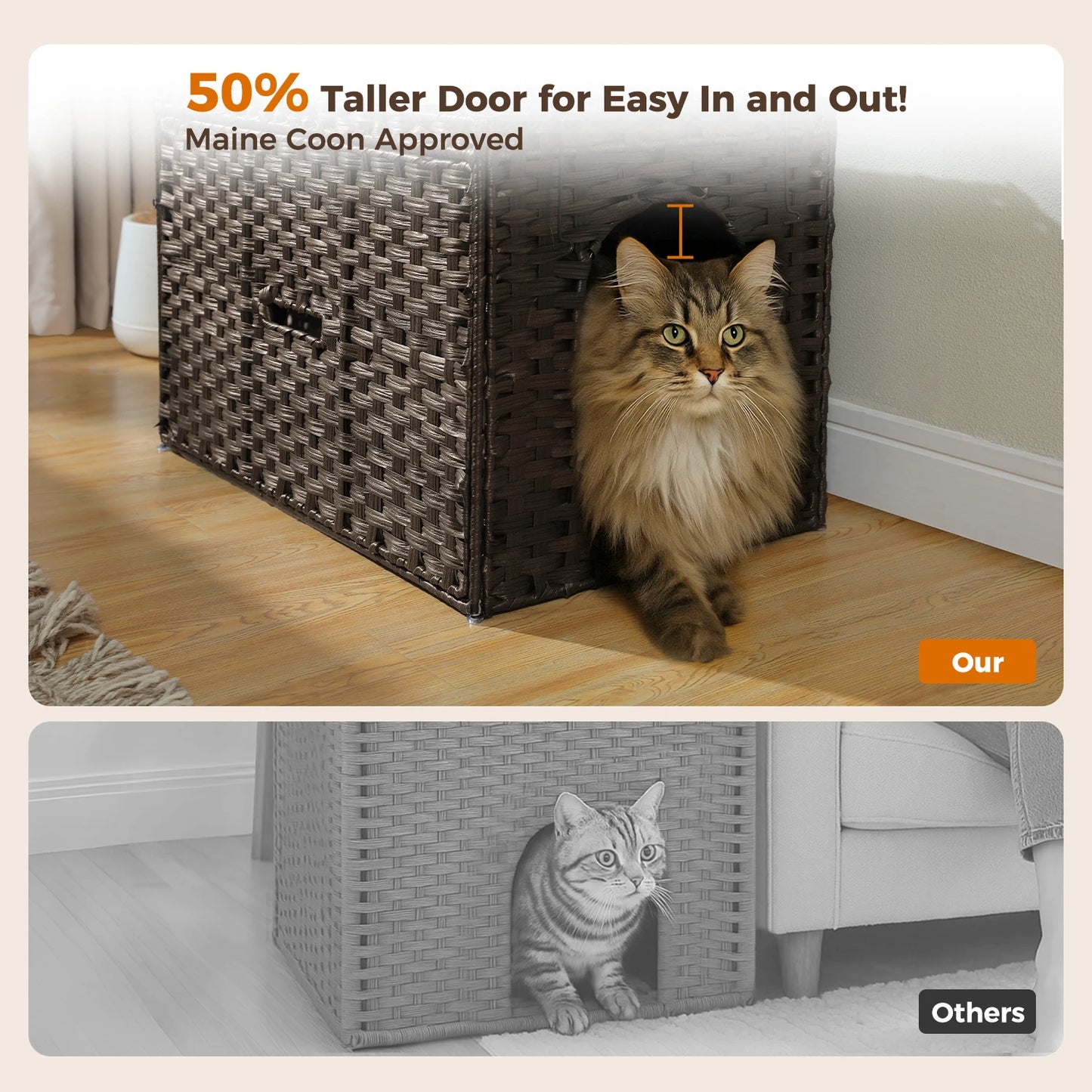 Rattan Cat Litter Box Enclosure With Taller Doorway And Flip Up Design