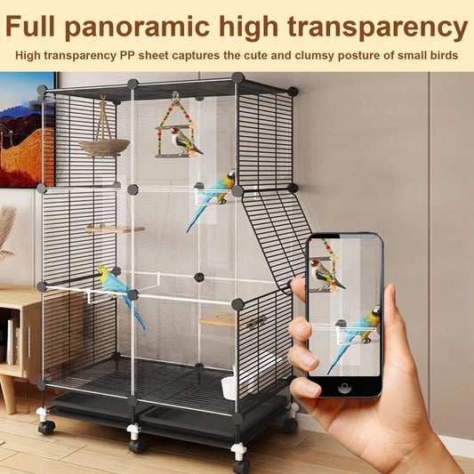 Black Metal Parrot Cage on Rolling Stand with Wheels Tray and Swing Ladder