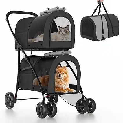 Double Dog Stroller With 2 Detachable Carrier Bags 4 Wheel Folding Travel Cart
