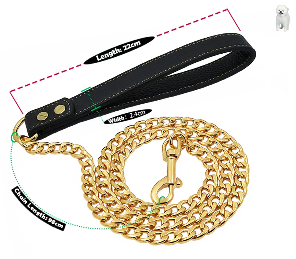 Gold Stainless Steel Weld Chain Dog Leash Heavy Duty For Small Medium Large Dogs