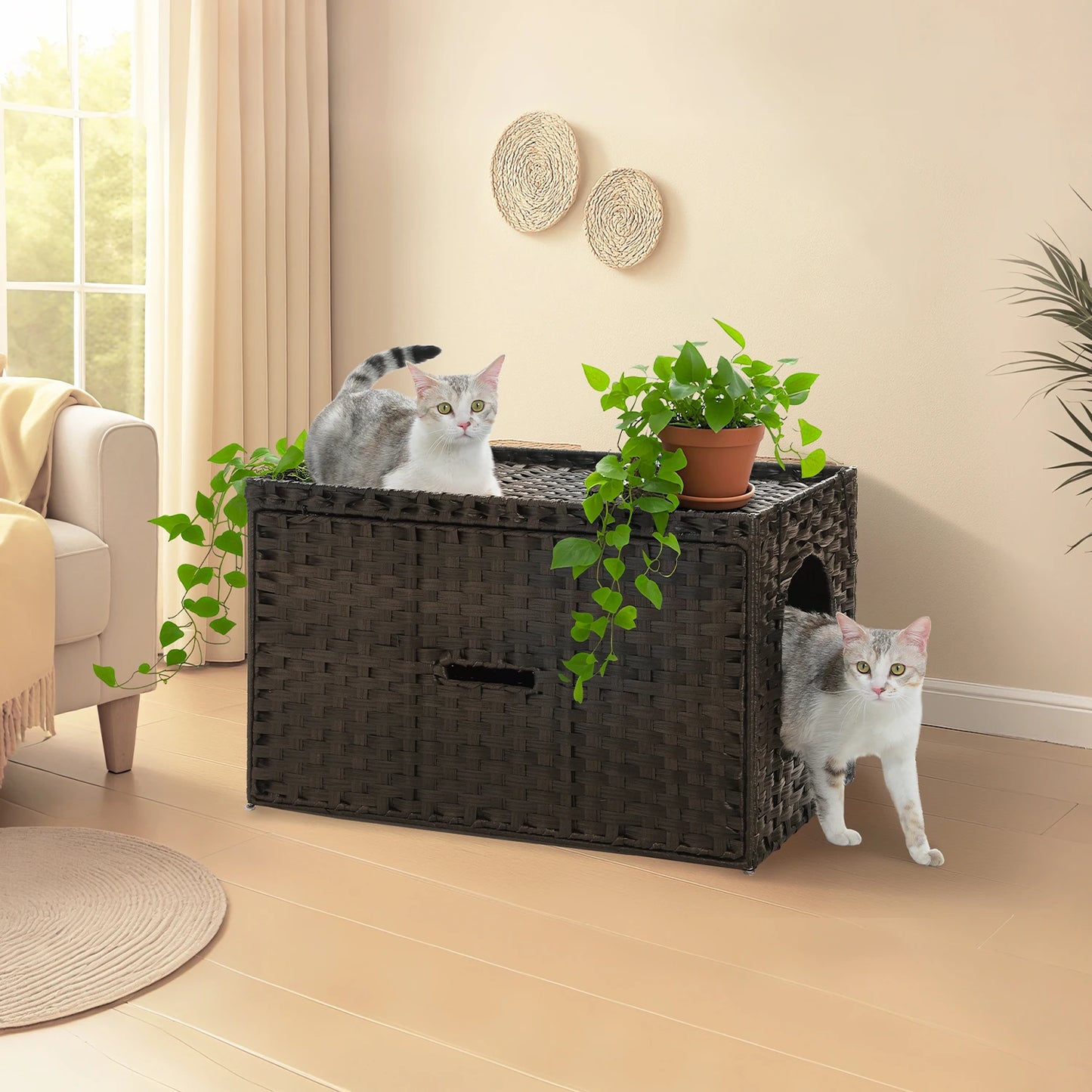 Rattan Cat Litter Box Enclosure With Taller Doorway And Flip Up Design