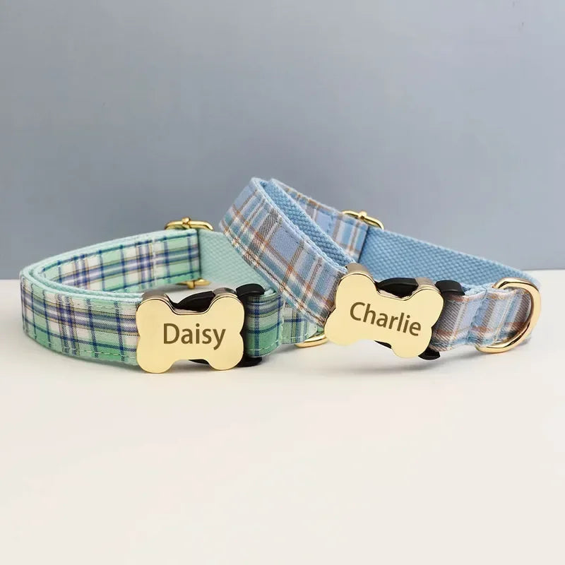 Custom Logo Plaid Dog Collar Personalized Cotton Padded Comfort