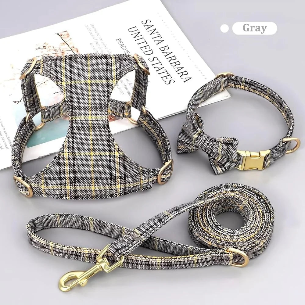 Adjustable Dog Harness Leash Set For Small Dogs And Cats Plaid Design