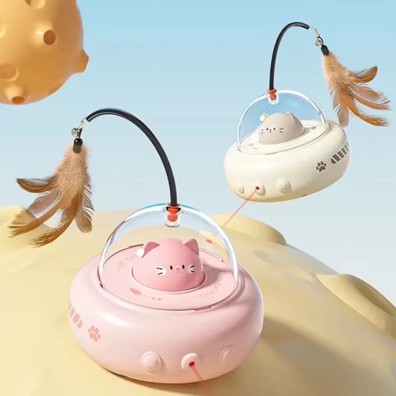 Electric UFO Cat Teaser Stick With Bell Replaceable Feather Interactive Cat Toy