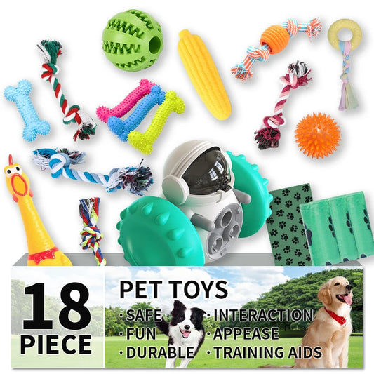 18 Piece Dog Toy Set with Squeaky Toys Ropes and Interactive Food Dispensers